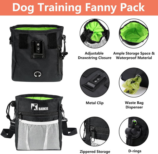 Dog Training Kit - Treat Pouch, Pet Training Fanny Pack, 2 Puppy Training Clickers, Ultrasonic Silent Whistle, 2-In-1 Whistle Clicker, Clicker Training Guide Booklet, Dog Poop Bag (Black)